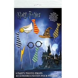 The Harry Potter Photo Props are made of cardstock and attached to a stick. Includes different colored ties, a pair of glasses, a lightening bolt, the sorting hat, and a golden snitch. Printed one side only. Contains eight (8) props per package,