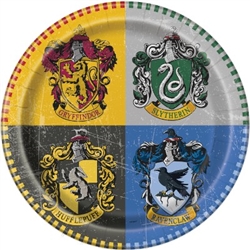 The Harry Potter Luncheon Plates are made of scalloped paper and measure 8 5/8 inches. Printed in vibrant colors with the four different houses at Hogwarts including Gryffindor, Slytherin, Hufflepuff, and Ravenclaw. Contains eight (8) plates per package.
