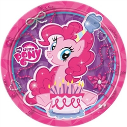 My Little Pony Round Plates 7" feature Pinkie Pie sitting in front of her very own cake. These 7 inch round plates are perfectly sized for cake or other treats. Each package contains eight of these colorful paper plates.