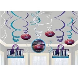 The Super Bowl 52 Swirl Decorations come 12 swirl decorations per package. 6 foil swirl decorations, 3 swirls with 7 inch cardstock cutouts, and 3 swirls with 5 inch cardstock cutouts.