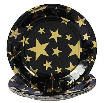 These 9" Gold Star Lunch Plates will dress your table in an economical, but elegant fashion. Each package contains 8 black paper plates decorated with various sizes of gold stars. Your guests will feel like VIP's when served with this stylish tableware.