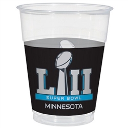 The Super Bowl 52 Plastic Cups are made of plastic and measure 4 1/2 inches tall. They can hold 16 ounces of liquid. Contains 25 cups per package.