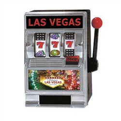 The L.V. Slot Machine Bank is made of plastic and measures 5 inches tall and 3 1/2 inches wide. It has Las Vegas decals and a working handle that spins the reels when you pull it down. Located on the back is a coin slot and a release tab. One per pack.