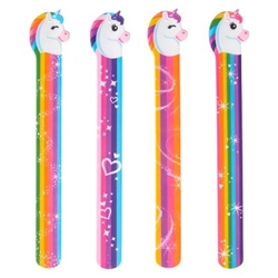 The Unicorn Slap Bracelets measure 9 inches long and 3/4 inch wide. Unicorn Head - approx 1 1/4 inch. Sold in assorted designs. Has a multicolored band with a unicorn head on the end. Contains 12 bracelets per package. One size fits most. No returns.