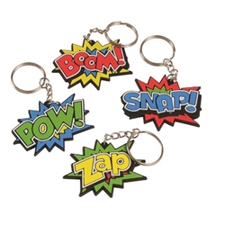 Jazz up a key ring or spruce up your son or daughter's backpack by using one of our Hero Key Chains. They feature a colorful design with an action word in big, eye-catching letters. There are 12 key chains in the package.