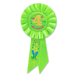 This bright green "My 4th Birthday" rosette ribbon makes a great little party favor to hand out to the guests attending that special toddler's birthday. Each ribbon has a pin on the back of the rosette so it can be easily attached to the wearer.