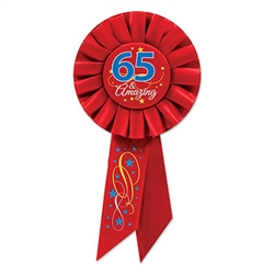 Is someone you know 65 years young? Is he/she amazing?Then let them know with this '65 & Amazing' Rosette Ribbon. The high quality ribbon is an elegant red color with some blue, silver and gold on it.