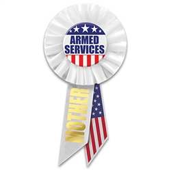 Be proud of your service in defense of our country .  Wear this classically patriotic "Armed Services" rosette with pride.
Pins measure 1.75 inches in diameter, rosette is 3 inches in diameter, ribbons are 3.5 inches long.
1 per package.