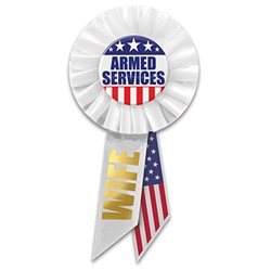 Be proud of your husband's service in defense of our country . Wear this classically patriotic "Armed Services Wife" rosette with pride. Pins measure 1.75 inches in diameter, rosette is 3 inches in diameter, ribbons are 3.5 inches long. 1 per package.