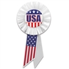 Show your pride in your country with this classy and classically patriotic "USA" rosette.
Pins measure 1.75 inches in diameter, rosette is 3 inches in diameter, ribbons are 3.5 inches long.
1 per package.