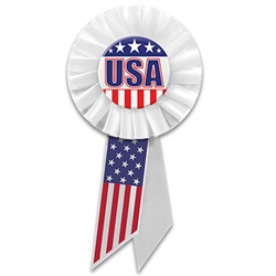Show your pride in your country with this classy and classically patriotic "USA" rosette.
Pins measure 1.75 inches in diameter, rosette is 3 inches in diameter, ribbons are 3.5 inches long.
1 per package.
