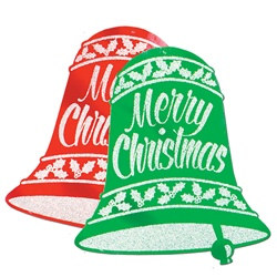 Red and Green Glittered Christmas Bell Signs (2/pkg)