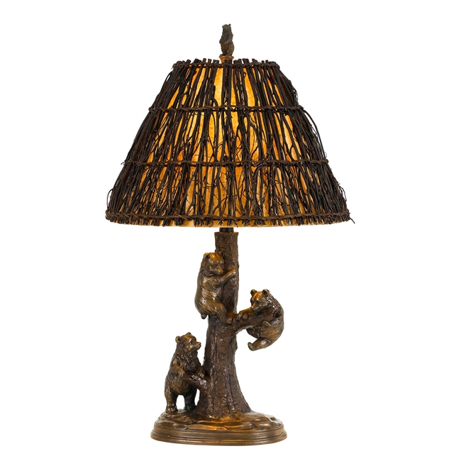 Cal Lighting Bear Cubs Resin Table Lamp w/ Twig Shade- Cast Bronze