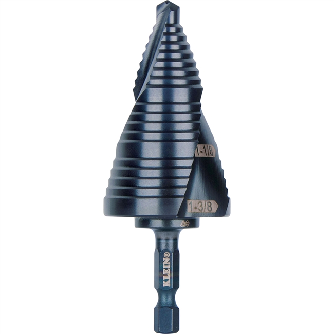 Klein Step Drill Bit, Quick Release, Double Spiral Flute, 7/8 to 1-3/8-Inch QRST15