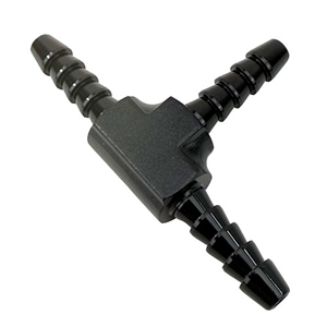 Performance World  210604 5/32" (4mm) aluminum barbed tee. Black anodized.