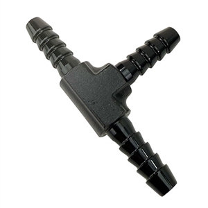 Performance World  210605 3/16" (5mm) aluminum barbed tee. Black anodized.