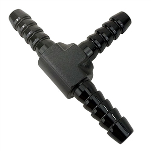 Performance World  210606 1/4" (6mm) aluminum barbed tee. Black anodized.