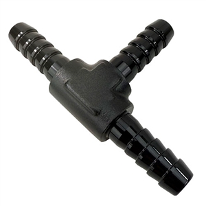 Performance World  210608 5/16" (8mm) aluminum barbed tee. Black anodized.