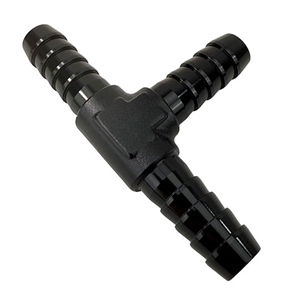 Performance World 210610 3/8" (10mm) aluminum barbed tee. Black anodized.