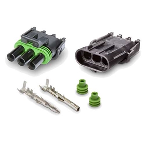Performance World 320403 3-Pin Delphi Weatherpack Connectors 1/pk. Includes male, female, pins and seals.