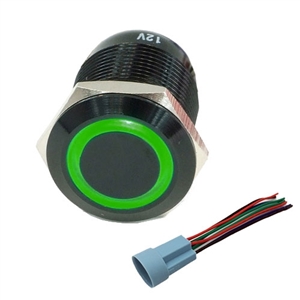 Performance World 322302 19mm Black Stainless Steel Push Button Momentary Switch Green LED