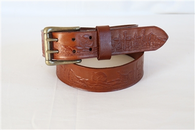 33" Brown Embossed Full-Grain Leather Belt 2-prong Buckle