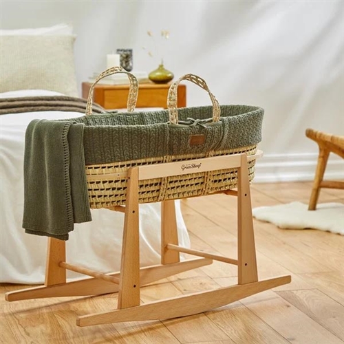 The Little Green Sheep Cable Knit Moses Basket and Rocking Stand Bundle - Juniper / Natural