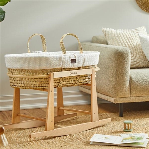 The Little Green Sheep Cable Knit Moses Basket and Rocking Stand Bundle - White / Natural