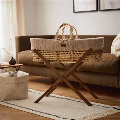 The Little Green Sheep Cable Knit Moses Basket and Static Stand Bundle - Truffle / Walnut
