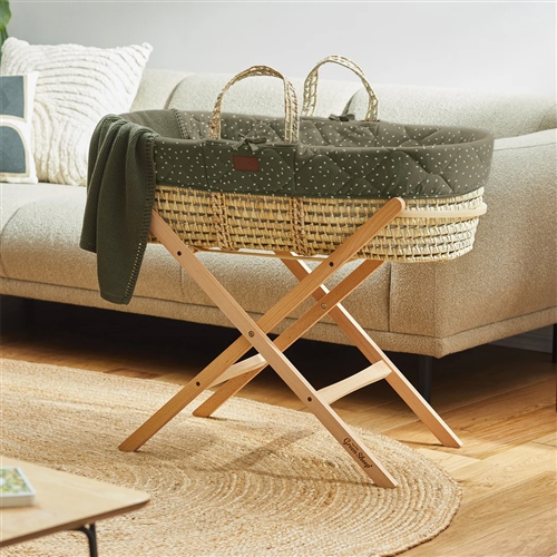 The Little Green Sheep Quilted Moses Basket and Static Stand Bundle - Juniper Rice / Natural
