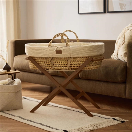 The Little Green Sheep Wheat Knit Moses Basket and Static Stand Bundle - Linen / Walnut