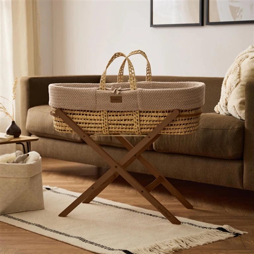 The Little Green Sheep Wheat Knit Moses Basket and Static Stand Bundle - Truffle / Walnut