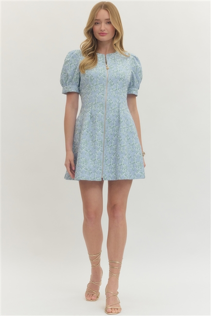 Floral Jacquard Zip Up Dress Blue