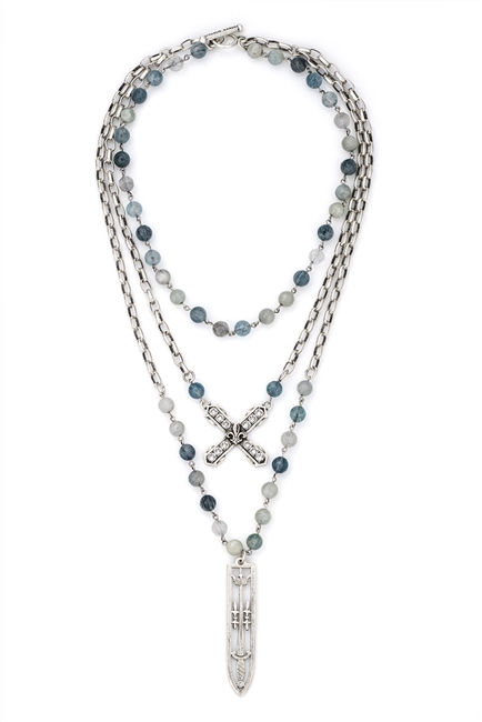 TRIPLE STRAND DENIM MIX WITH SILVER WIRE, ALSACE CHAIN, SWAROVSKI FRENCH KISS AND SWORD & CROWN PENDANT