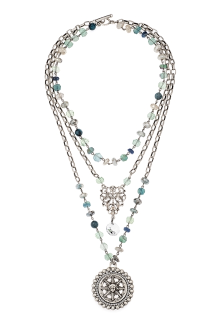 TRIPLE STRAND AZUR MIX WITH ALSACE CHAIN, EURO CRYSTAL SUN KING MEDALLION AND FRENCH FILIGREE PENDANT