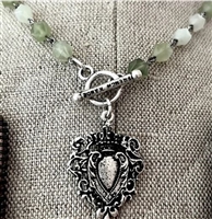 French Kande Light Green Stone Necklace with Silver Immaculate Heart Pendant