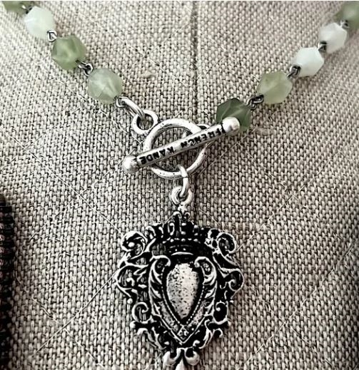 French Kande Light Green Stone Necklace with Silver Immaculate Heart Pendant