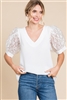 White V-Neck with Organza Poof Sleeve