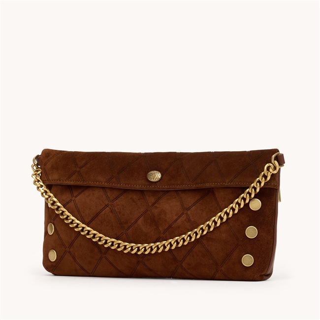 Hammitt Chocolate Diamond Suede/Antique Gold Invitation  Clutch