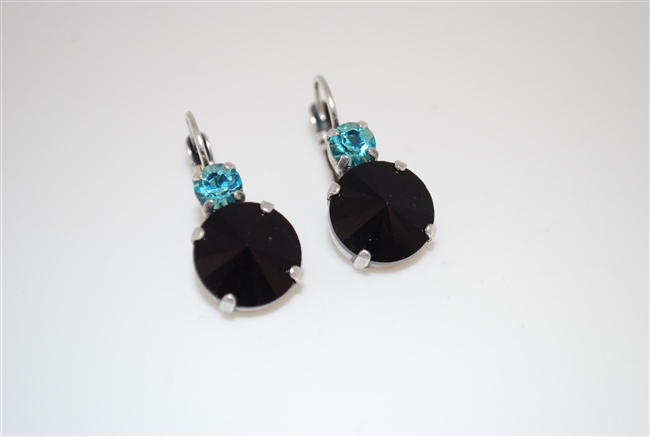 Mariana "Audrey" Round Drop Rivoli Cut Jet and Light Turquoise Earrings Silver Plated