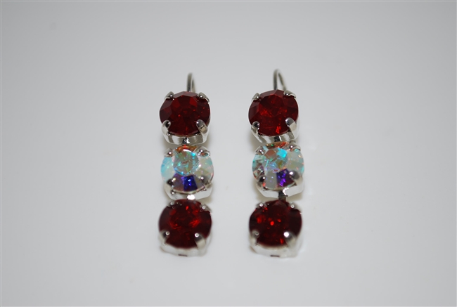 Mariana Triple Tier Style Earrings in Siam and Clear AB Swarovski Crystals in Rhodium Plating