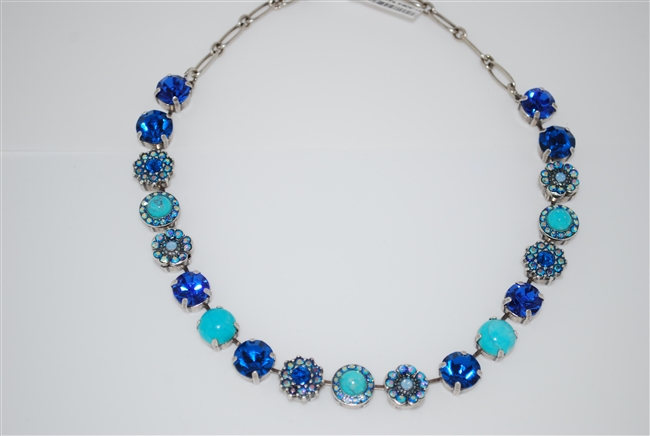 Mariana "Sophia" 19" Statement Flower Necklace with assorted Blues and Turquoise Swarovski Crystals and .925 Silver Plated