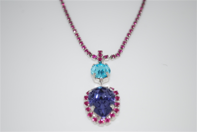 Mariana Tiara Drop Pendant with Swarovski Crystals Necklace from the Cuban Collection in Fushia, Purple and Blue .925 Silver Plating