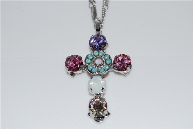 Long Mariana "Daphane"  Necklace with a Large Cross Pendant with Swarovski Crystals from the Pina Colada Collection and Silver Plated