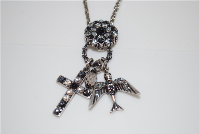 Mariana Pendant guardian angel, cross, bird, and crystal dangle design pendant from the Zula Collection with .925 silver plating.