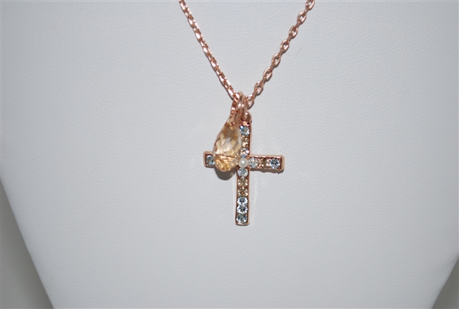 Mariana "Chapel Pendant" 16" Necklace with Cross Pendant with Swarovski Crystals from the Seashell Collection and Rose Gold Plated