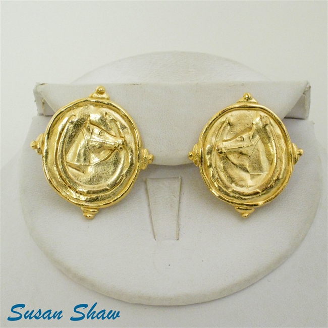 Susan Shaw Handcasted 24K Gold Plated Horseshoe and Horse Earrings