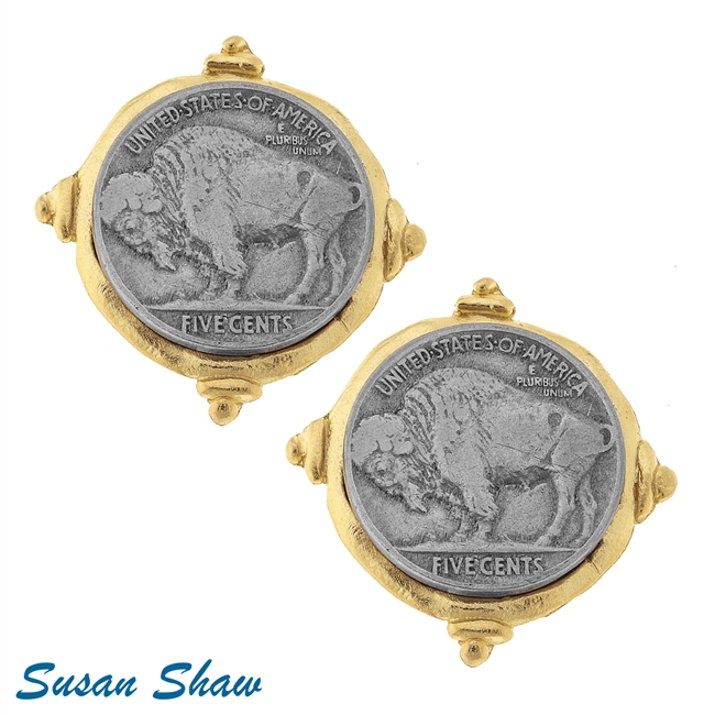 Handcasted Gold & Silver Vintage Buffalo Head Coin Pierced Earrings