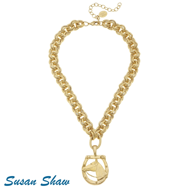 Susan Shaw Handcasted 24K Gold Plated Horseshoe and Horse Pendant Necklace