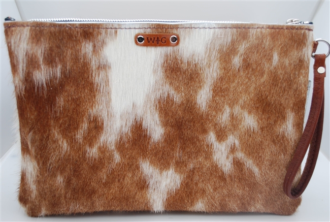 Brown and White Large Cowhide Wristlet